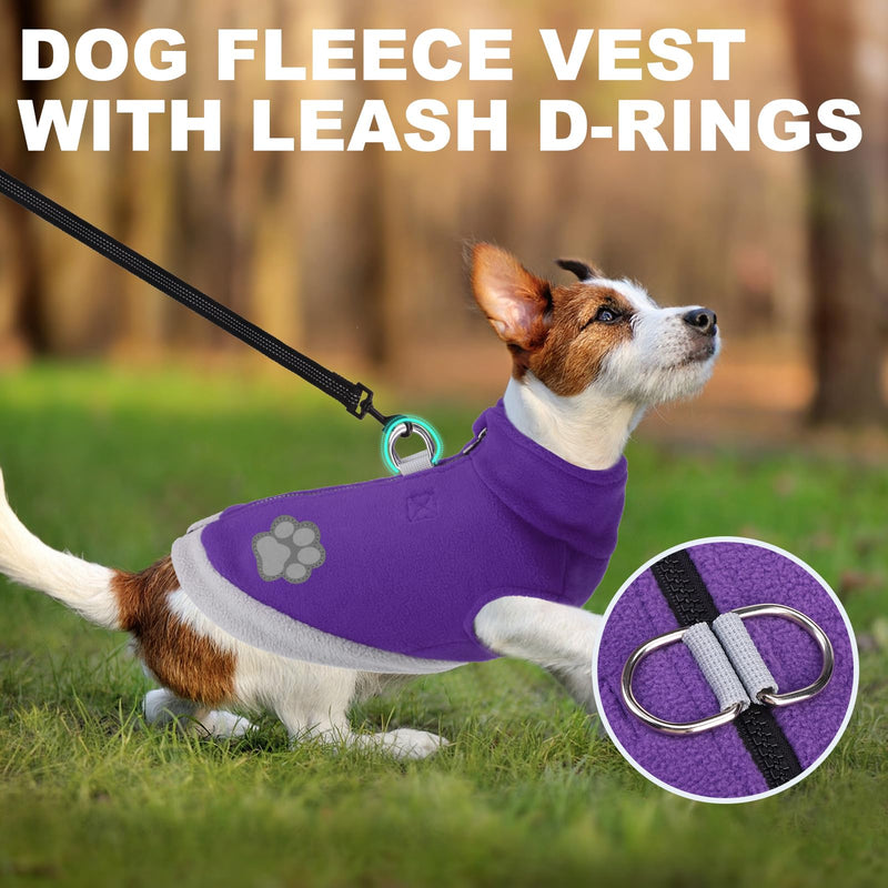 Mihachi Dog Fleece Vest Sweater Zip Up Warm Pullover Step-in Dog Jacket with Dual D-Ring Leash, Winter Cold Weather Reflective Coat Clothes Hoodie for Small Medium Dogs Puppy Cat Boy Girl, Purple S Small(Chest: 15", Neck: 12")