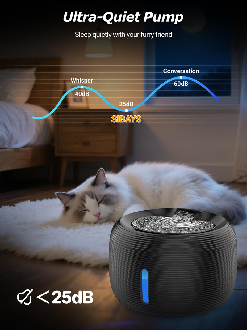 SIBAYS Cat Water Fountain, 3.5L/118oz Large Capacity Pet Water Fountain Cat Fountains for Drinking, Automatic Quiet Dog Water Bowl Dispenser with LED Light & Water Level Window(FS77, Black) - PawsPlanet Australia