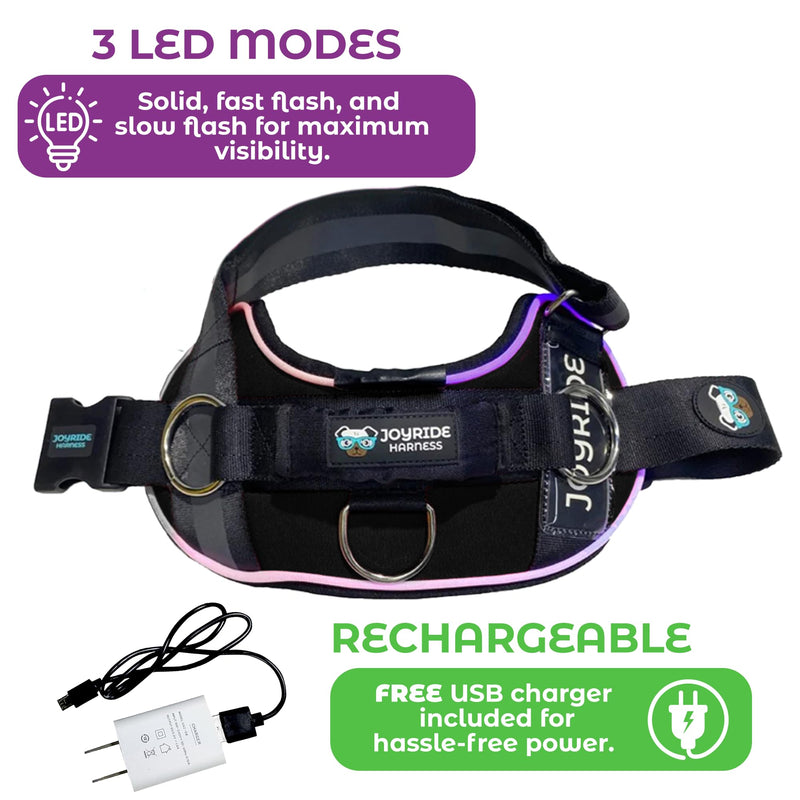 Joyride Harness LED Light Up Dog Harness 2.0 - Patent Pending Design, 3 LED Modes, Vibrant Rechargeable Lighting, Customizable Name Tag Area, and Convenient On/Off Button for Enhanced Pet Safety Black X-Small - PawsPlanet Australia