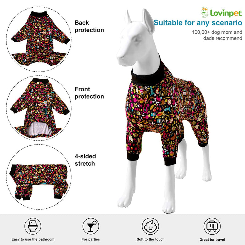 LovinPet Pet Pajamas for Pit Bulls, Full Coverage Dog Pjs with Black Trim, Decoupage Ink Print, Post Surgery Shirt, UV Protection, Pet Anxiety Relief Shirt, Large Dog Jammies, Pitbull Clothes, L Yellow Black - PawsPlanet Australia