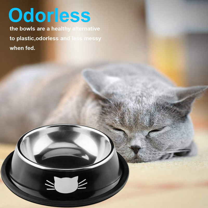 3 PCS Cat Bowls,SUOXU Stainless Steel Pet Bolws,Non-Skid Base Leak-Proof Cats Food Bowl,Feeding Bowls for Cats,Cat Water Bowl with Cute Cats Painted Black*2/red