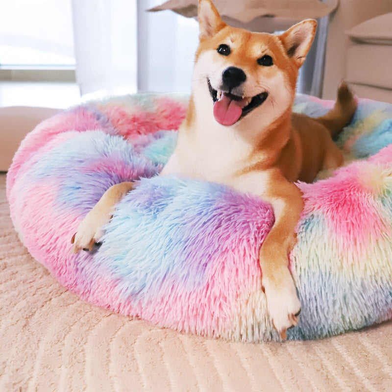 Patas Lague Calming Dog Bed for Medium Dogs, Fluffy Soft Cozy Cat Bed, Faux Fur Anti-Anxiety Plush Washable Pet Donut Cuddler for All Seasons 24IN, Mixed Rainbow M:24x24INCH - PawsPlanet Australia