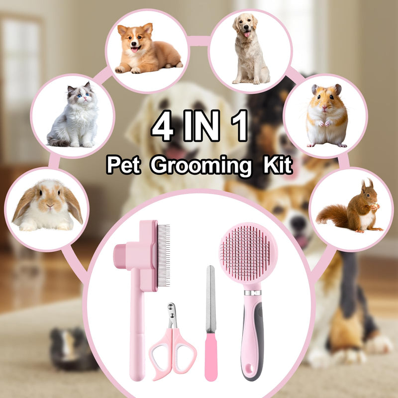 Cat Grooming Kit, 4-in-1 Cat Grooming Tools with Cats Brush, Flea Comb, Nail Clipper & Trimmer - Deshedding & Dematting for Pets Hair and Paws, Pet Shedding Set for Indoor Dogs & Cats (Pink) Pink - PawsPlanet Australia