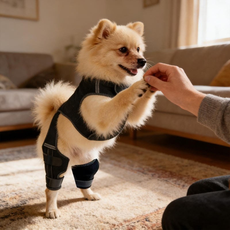 Dog Knee and Hip Bandage - Adjustable Joint Cuff Walking Aid for Dog Hind Legs, with 4 Metal Stabilizers for Hind Leg Support, for Walks, Hikes, and Training