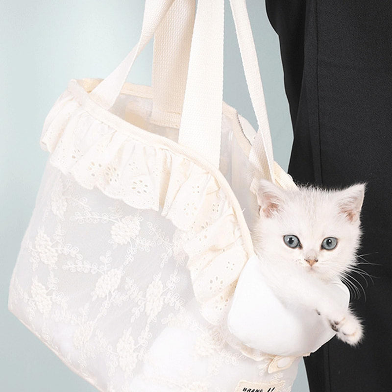 Lace Dog Cat Purse Carrier Breathable Large Capacity Prevents Breaking D Ring Pet Travel Handbag Beige (L) - PawsPlanet Australia