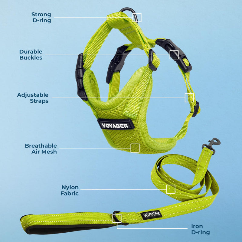 Voyager Step-in Lock Dog Harness w Reflective Dog Leash Combo Set with Neoprene Handle 5ft - Supports Small, Medium and Large Breed Puppies/Cats by Best Pet Supplies - Lime Green, XS Harness Leash Set (Lime Green) XS (Chest: 13 - 16" * Fit Cats) - PawsPlanet Australia