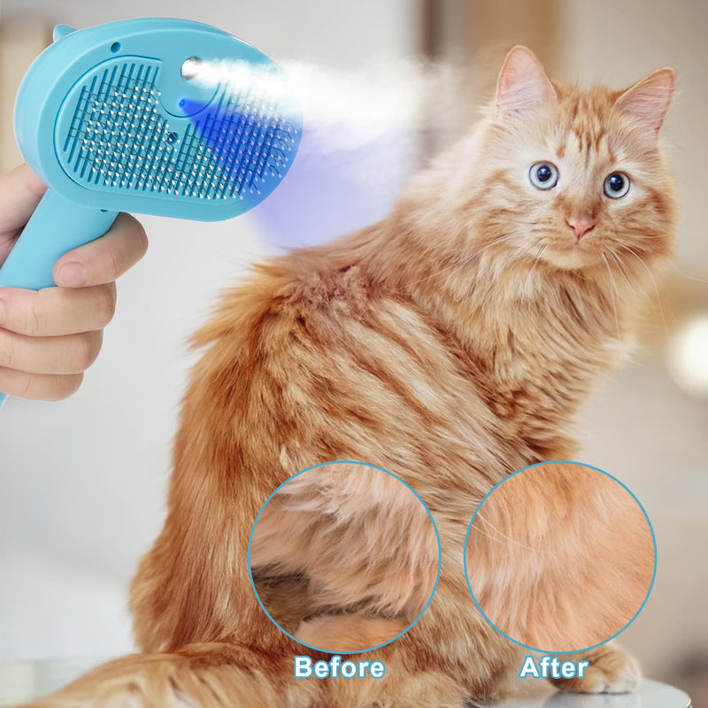 Pet Steam Hair Comb Brush for Shedding, 4 In 1 Spray Brush for Long & Short Haired Cat&Dog, Self-Cleaning Hair Remover with Water Tank And LED Blue Light, Release Button(Blue) - PawsPlanet Australia