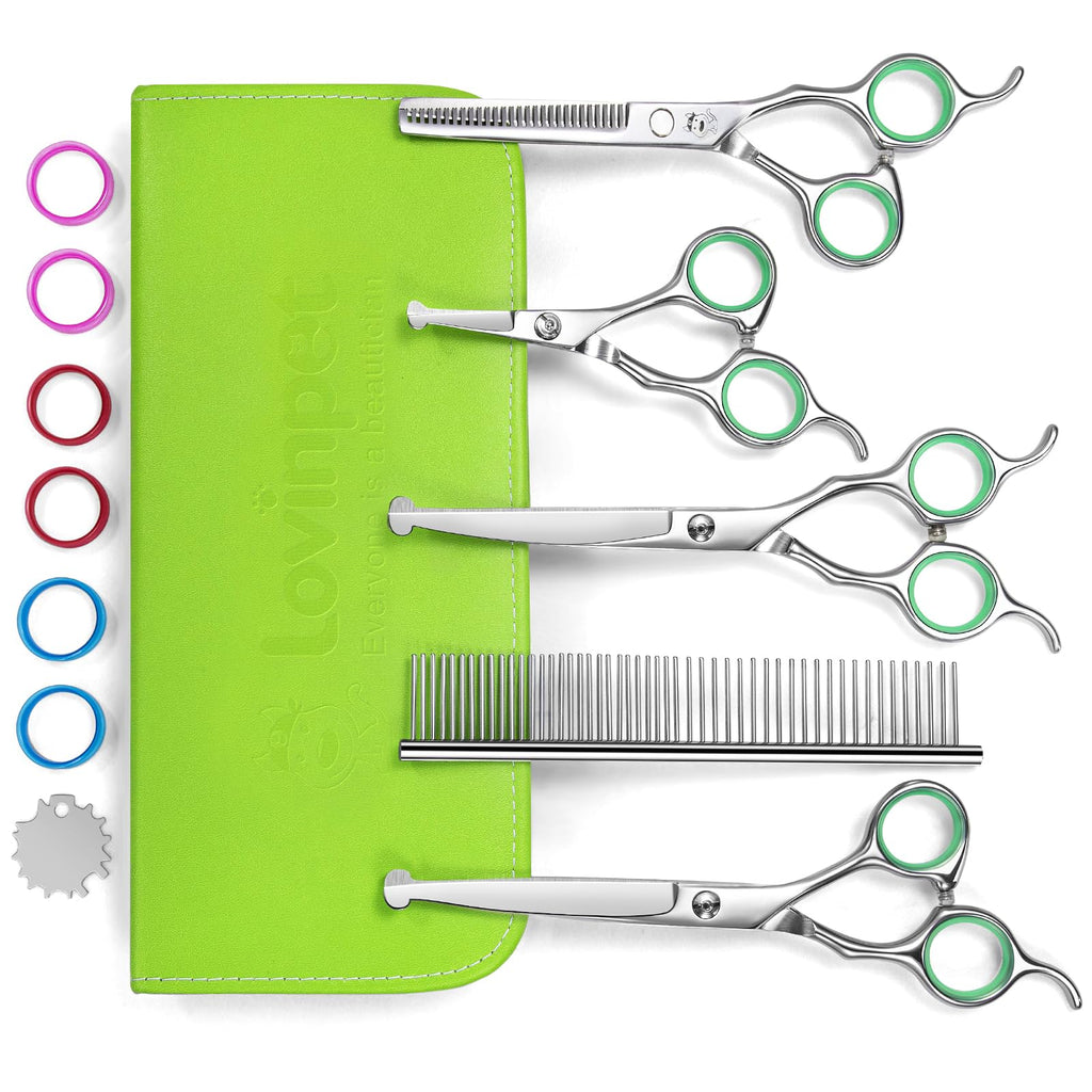 LovinPet Dog Grooming Scissors Set, all Safety Round Tips Professional 6 in 1 Germany Stainless Steel Dog Grooming Scissors Kit,Sharp and Durable Pet Grooming Shears for Dogs Cats for Home and Travel