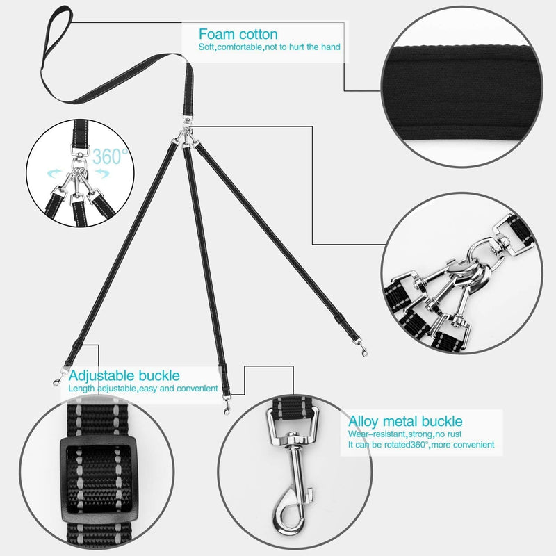 Heavy Duty Tangle Free 3/Three Way Dog Coupler Leash with Padded Handle,Reflective Triple Braid Split Lease Pet Leash for Walking 3/2/1 Medium Large Dogs Training (Muticolor) Muticolor - PawsPlanet Australia