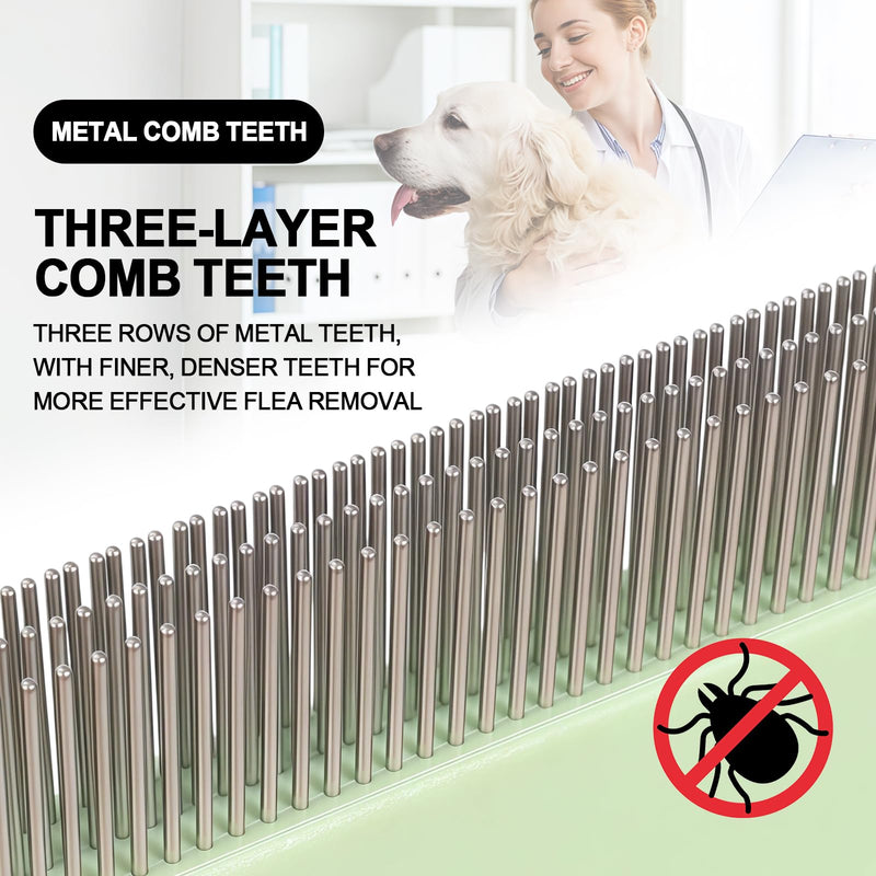 HOP Green 3-Row Pet Flea Comb with Handle Fine Tooth Flea Comb Lice&Tick Metal Comb for Dogs and Cats Remove Loose Hair Dirt Fleas 5.98in/15.2cm
