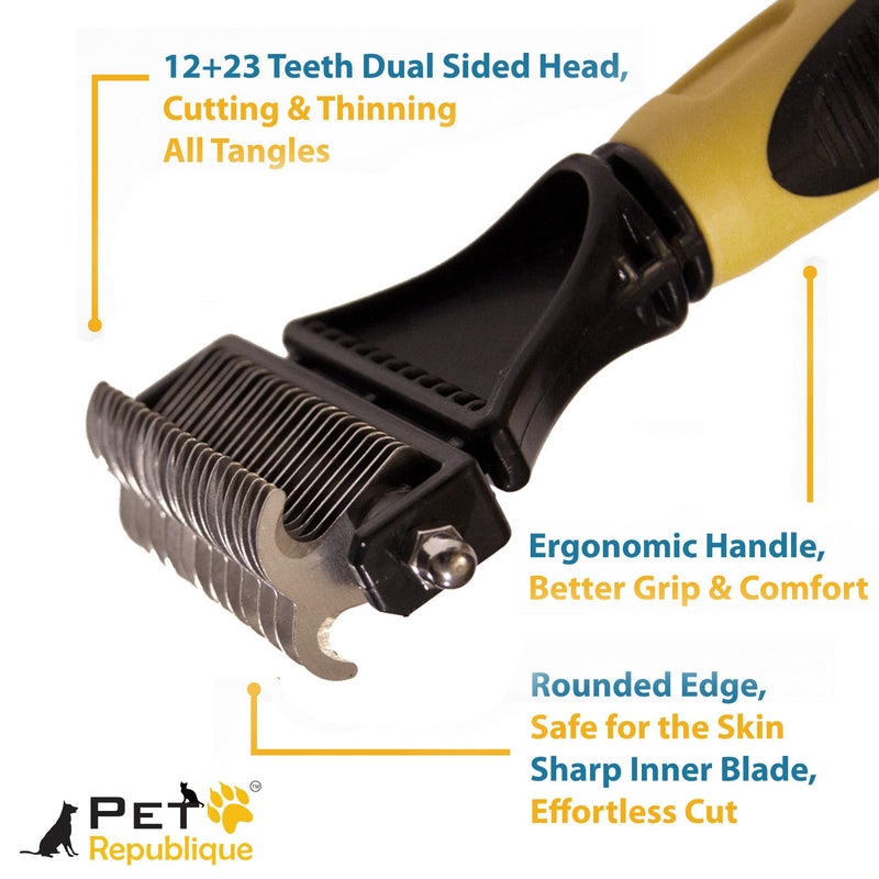 *LAUNCH SALE* Pet Republique ® Professional Dematting Comb Rake - Dual Sided 12+23 Teeth Mat Brush Splitter - for Dogs, Cats, Rabbits, Any Long Haired Breed Pets Yellow, Black, Silver Regular 12+23 Teeth - PawsPlanet Australia