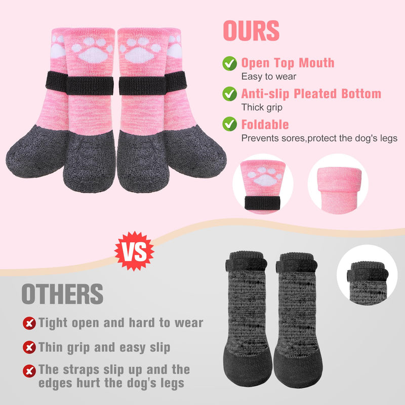 BEAUTYZOO Anti Slip Dog Socks Boots, Dog Shoes for Hot/Cold Pavement Snow Rain Days,Waterproof Grip Dog Booties Paw Protector for Hardwood Floor, Prevent Licking for Small Medium Large Senior Old Dogs Pink Small/Medium