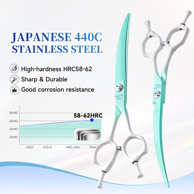 Curved Dog Grooming Scissors Green to White Gradient 440C Stainless Steel Sharp Durable Dog Shears for Professional or Home Use Ergonomic Handle with 2 Silicone Finger Rings - PawsPlanet Australia