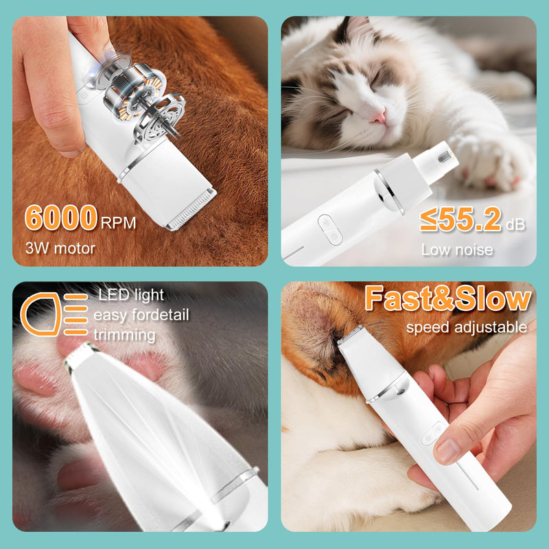 Dog Grooming Clipper Kit, 4 in 1 LED Light Low Noise Dog Paw Trimmer & Nail Grinder, 2 Speeds Adjustable Dog Grooming Kit for Cats Dogs