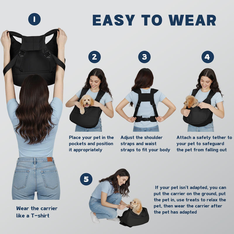 Dog Sling Carrier for Small Dogs with Bottom Support, Adjustable Pet Front Dog Carrier-Padded Straps Reducing Back Neck Pain, Anti-Anxiety Backpack for Travel Hiking Camping, Hands Free (Black,S) Black - PawsPlanet Australia
