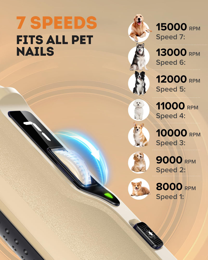 YABIFE 7-Speed Pet Nail Grinder with Light – Heavy Duty, Whisper Quiet Nail Trimmer for Dogs, Cats, Birds & Small Animals – Single-Handed Operation Beige - PawsPlanet Australia