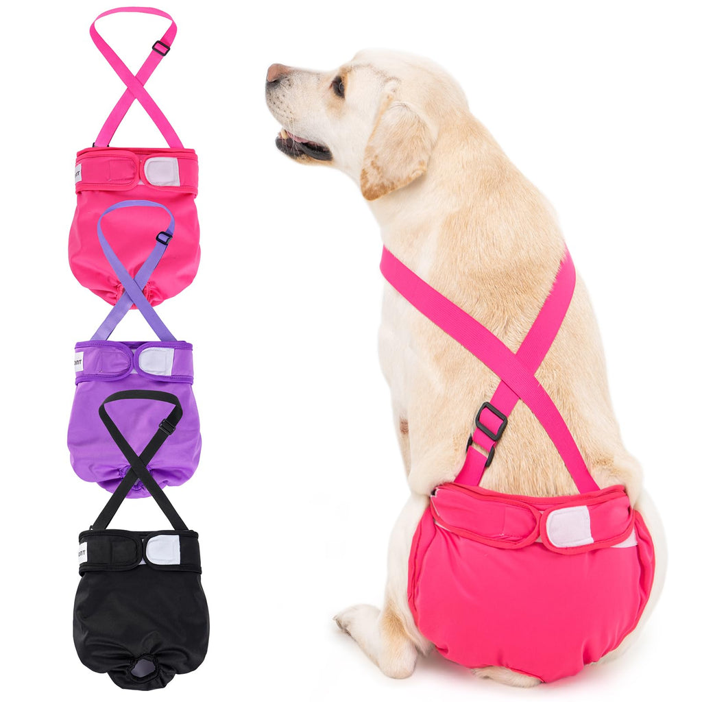 3 Pack Avont Washable Female Dog Diaper with Suspender, Reusable Girl Doggie Diapers for Small Medium Large Doggy in Heat Cycle Period Incontinence -L L Black/Pink/Purple