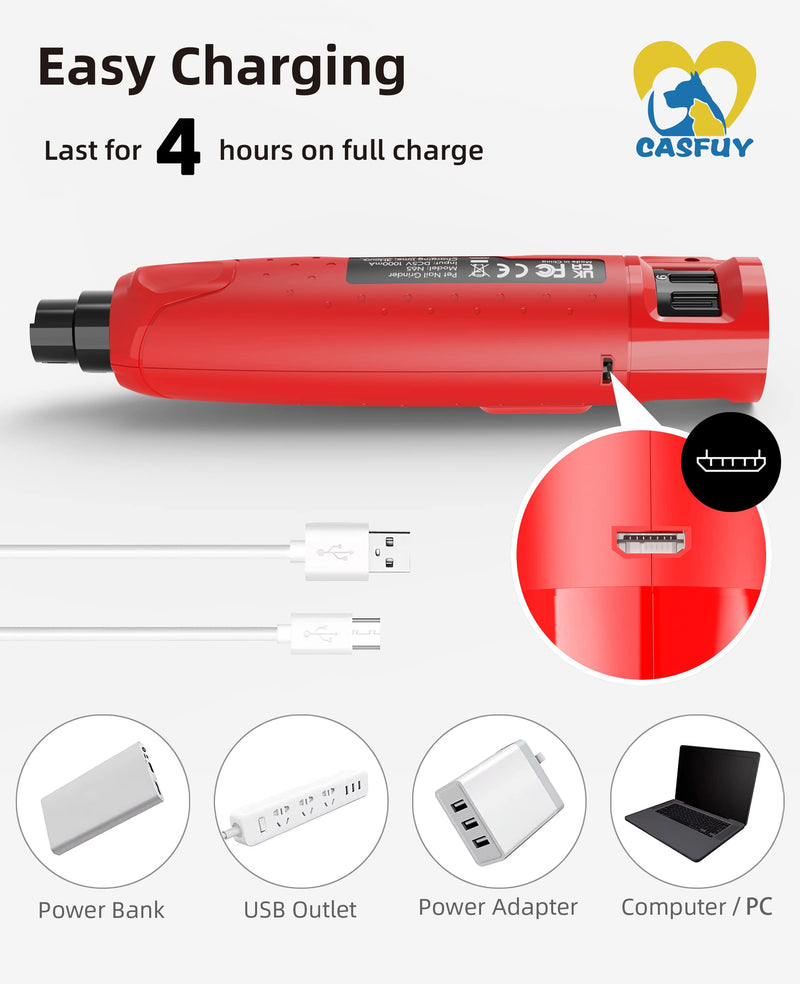 Casfuy Dog Nail Grinder Quiet - (45db) 6-Speed Pet Nail Grinder with 2 LED Lights for Large Medium Small Dogs/Cats, Professional 3 Ports Rechargeable Electric Dog Nail Trimmer with Dust Cap(Red) A-Red