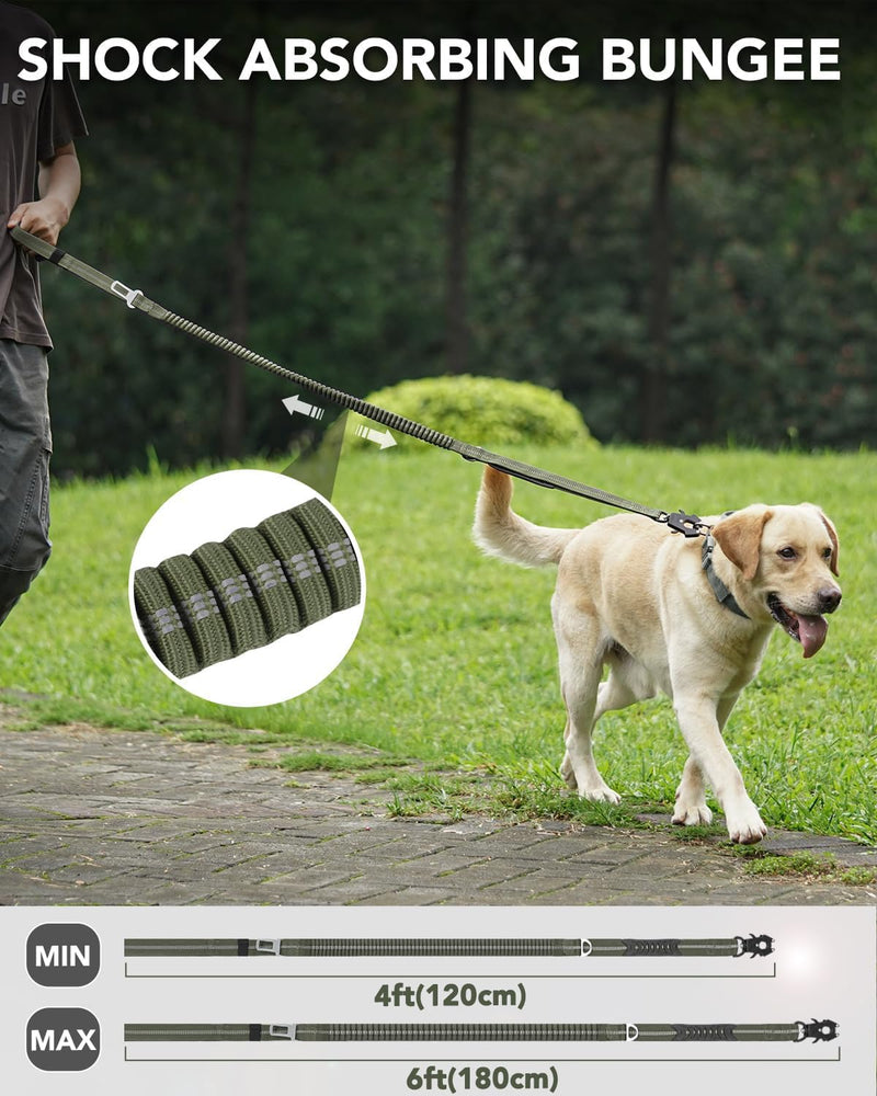 Joytale Tactical Dog Collar(17"-21") and Dog Leash Set, Shock Absorbing Bungee Dog Leash and Adjustable Strong Dog Collar with Handle for Large Dogs(ArmyGreen, L) - PawsPlanet Australia
