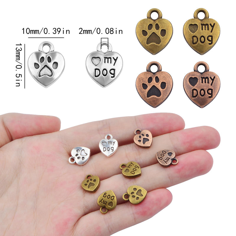 60pcs Love My Dog Lettering Word Charms Tibetan Alloy Heart Dog Paw Print Pendants Double-Sided Animal Pet Puppy Footprint Charms for DIY Necklace Bracelet Jewelry Making, 3 Colors - PawsPlanet Australia