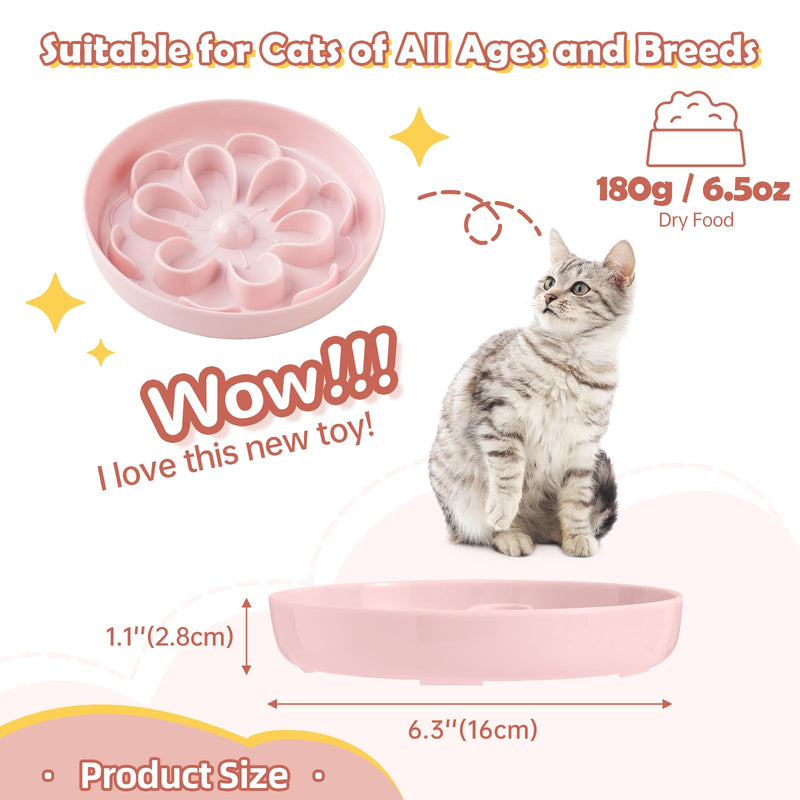 Slow Feeder Cat Food Bowl - Melamine Slow Eating Cat Bowl for Dry Wet Food - Cute Blossom Maze Cat Dish Healthy Feeding - Fun Interactive Cat Plate Whisker Friendly - Dishwasher Safe - 6.3''W x 1.1''H Pink