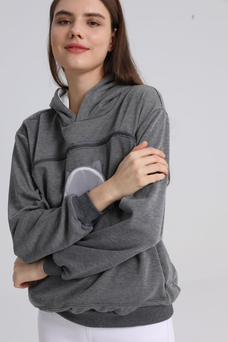 ALYC Pet Carrier Hoodie Cat Dog Pouch Holder Sweatshirt Large Pocket Pullover Shirt with Cat Ear for Women Dark Gray - PawsPlanet Australia