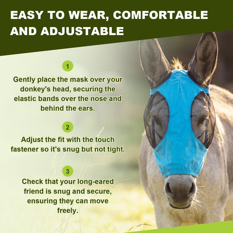 Mini Donkey Fly Mask with Ears Protection, Stretchy Mule Mask with Big Mesh Eye Covers, Soft on Skin, Comfortable Breathable Protection from Insects and Bugs Blue Mini 1