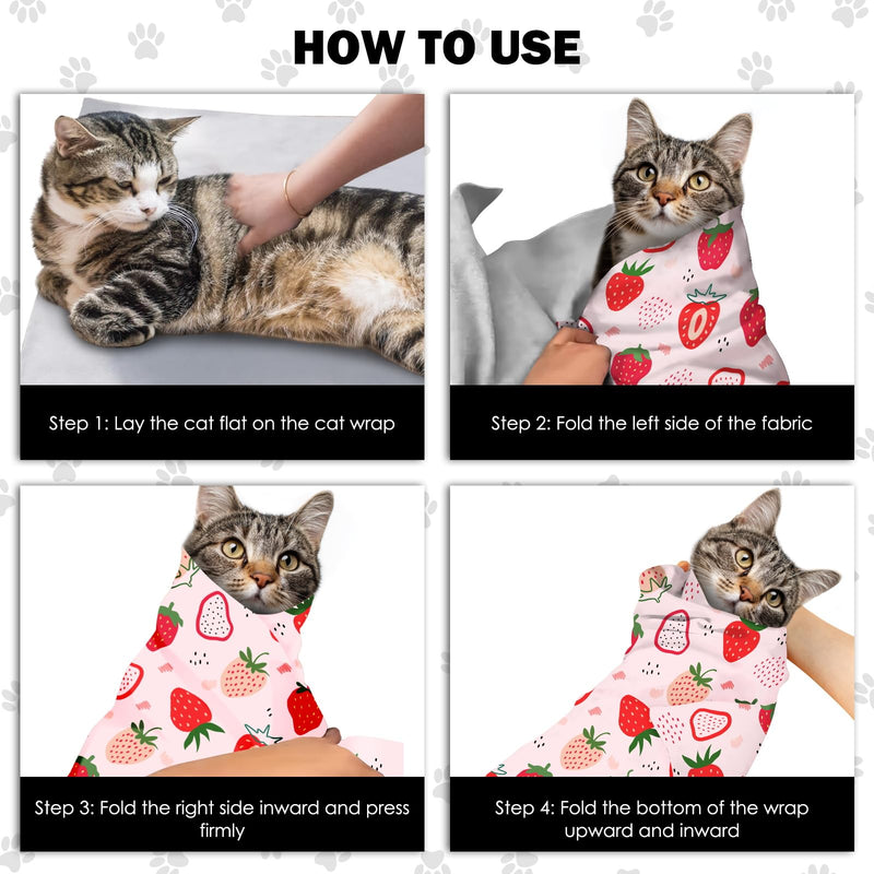 27.6"Cat Grooming Wrap, Self Adhesive Cat Wrap for Cutting Nails, Anti-Escape Cat Swaddle Wrap for Medicine Ear Cleaning, Strawberry Anti-Scratch Cats Burrito Restraint Blanket, Pet Tool (6-10 lbs) - PawsPlanet Australia