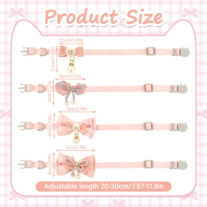 Pink Cat Collar, 4pcs Safety Buckle Kitten Collar Girl with Pearl Pendant Adjustable Cute Cat Collars for Girl Cats with Bow Fashion Comfortable Washable Removable Design - PawsPlanet Australia