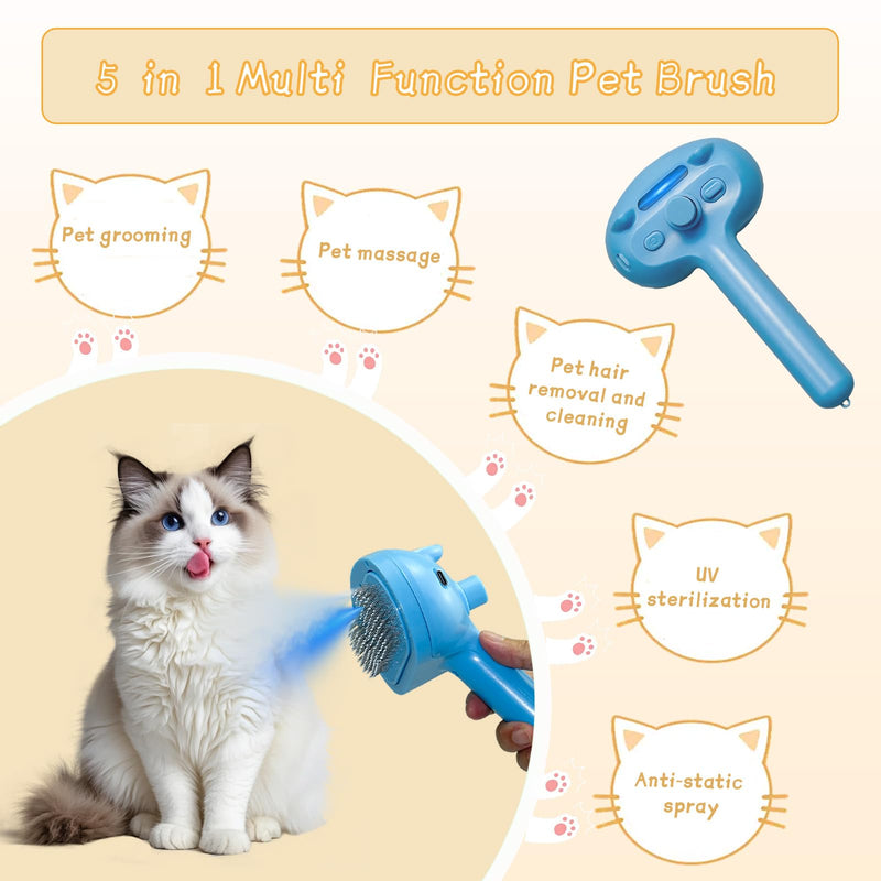 5-in-1 Pet Steam Brush for Cats & Dogs – Grooming, Shedding, Massage & One-Touch Clean for Short & Long Hair Pets – Electric Cat Brush with Comb & Steam (Blue) bule - PawsPlanet Australia