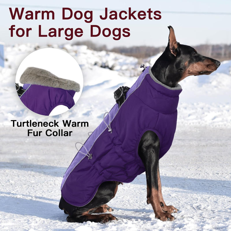 Dog Coat Winter Warm Dog Jackets for Medium Dogs Reflective Snowsuit with Harness Fleece Dogs Snow Jacket Vest Waterproof Pet Clothes for Cold Weather Purple