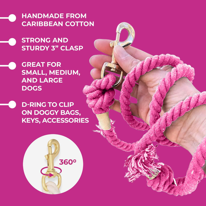 Glow Pups Pink Dog Leash, 5 ft Rope Leash for Small, Medium, Large Dogs, Handmade Caribbean Cotton Boho Chic Style with 360° Swivel Clasp, D-Ring for Accessories (Bright Pink) Bright Pink - PawsPlanet Australia