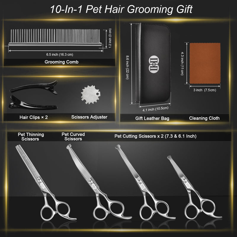 CIICII Dog Grooming Scissors Kit, 7 Inch Professional Pet Grooming Scissors Set with Safety Round Tip (Dogs/Cat Hair Cutting Trimming Thinning Shears with Curved Scissors) for DIY Home Salon (Silver) Silver Dog Grooming Scissors - PawsPlanet Australia