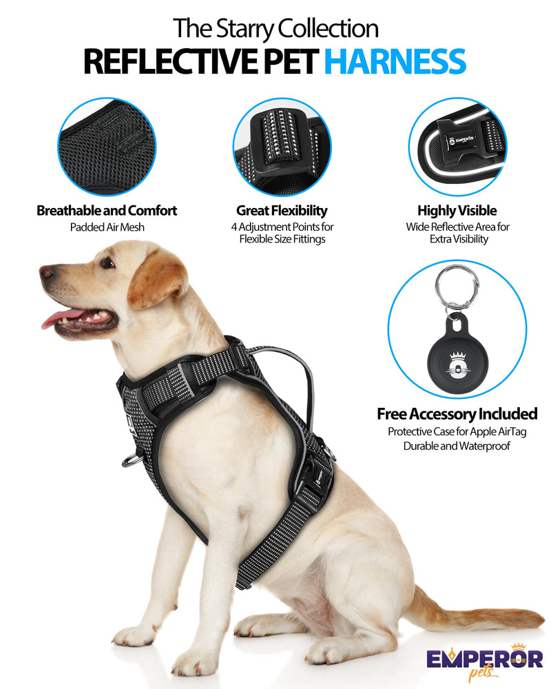 Emperor Pets Black Reflective Dog Harness for Large Dogs - No Pull Dog Harness with 2 Leash Clips, Premium Oxford Soft Padded Large Dog Harness, No Choke Design, Dog Harness for Large Dogs (L, Black) - PawsPlanet Australia