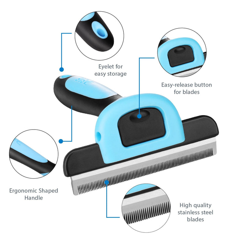 Flexzion Deshedding Brush for Cats & Dogs - Pet Grooming Trimming Comb Tool, Stainless Steel Safety Blade Deshedding Dog Brush Short Hair for Small, Medium, & Large Breeds, Blue - PawsPlanet Australia