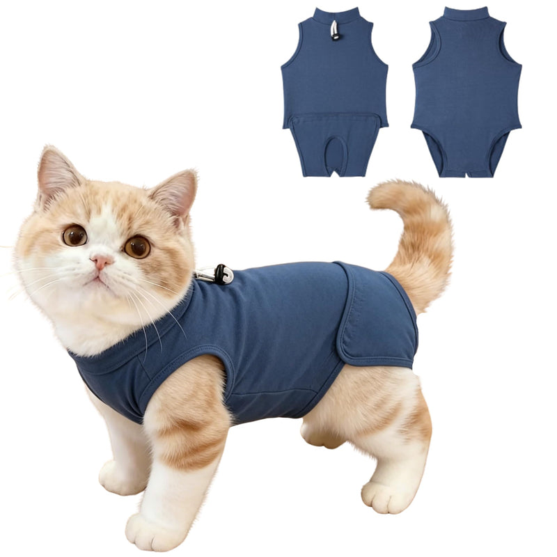 Gyuzh Cat Surgery Recovery Suit for Female Male Cats - Breathable Cone Alternative. Easy-Pull Recovery Suit with Adjustable Neck & Snap Closure for Spay Neutering, Anti-Licking Wound Care Blue M Medium
