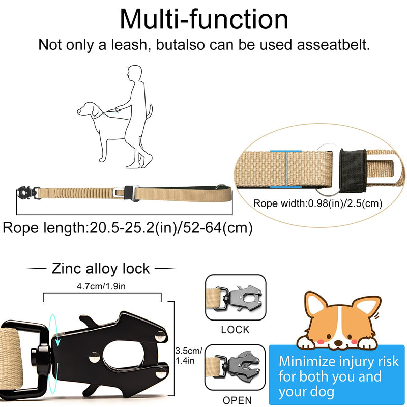 20” Strong Short Leash for Dog, Heavy Duty Bungee Dogs Leash with Padded Handle Car Seatbelt, Small Dog Training Leashs for Large or Medium Dogs - Can be Used with Other leashes (Khaki) khaki - PawsPlanet Australia