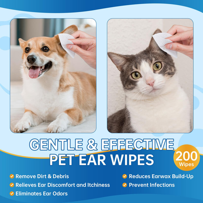 Pet Ear Wipes for Dogs & Cats - 200 Count Dog Ear Cleaner Wipes Gently Remove Ear Wax, Dirt Debris - Cleanse, Soothe & Deodorize - Cat Dog Ear Wipes Relieve Ear Itching & Inflammation, Pet Ear Wipes - PawsPlanet Australia