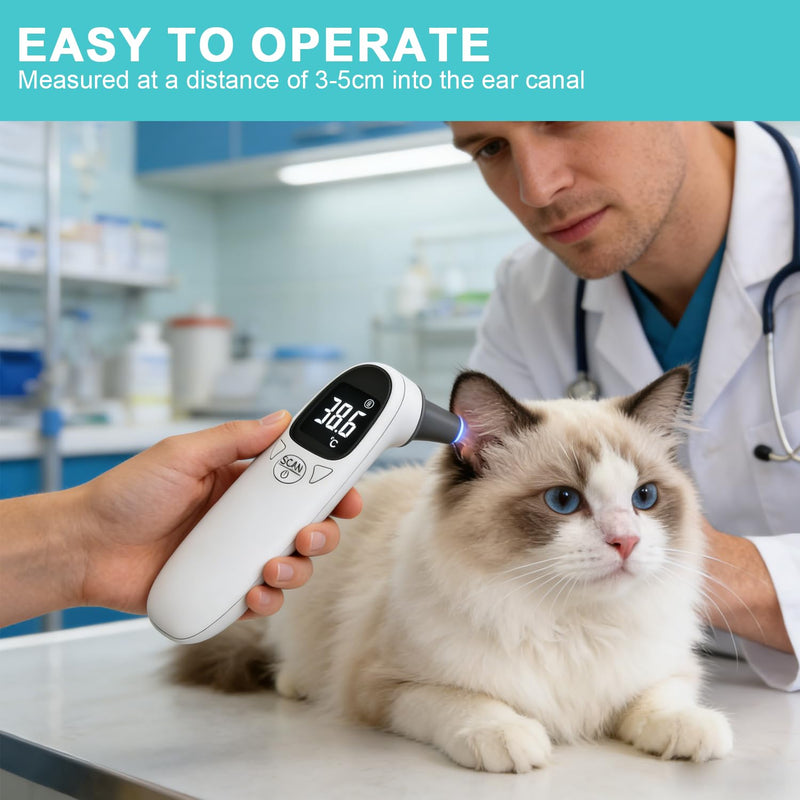 Ear Thermometer Dog, Fever Thermometer Ear Dog with LED Display, Digital Pet Thermometer for Dogs and Cats, 12.8 x 3.9 cm Portable Ear Thermometer for Cats, Dogs, Cows, Ferd (White)