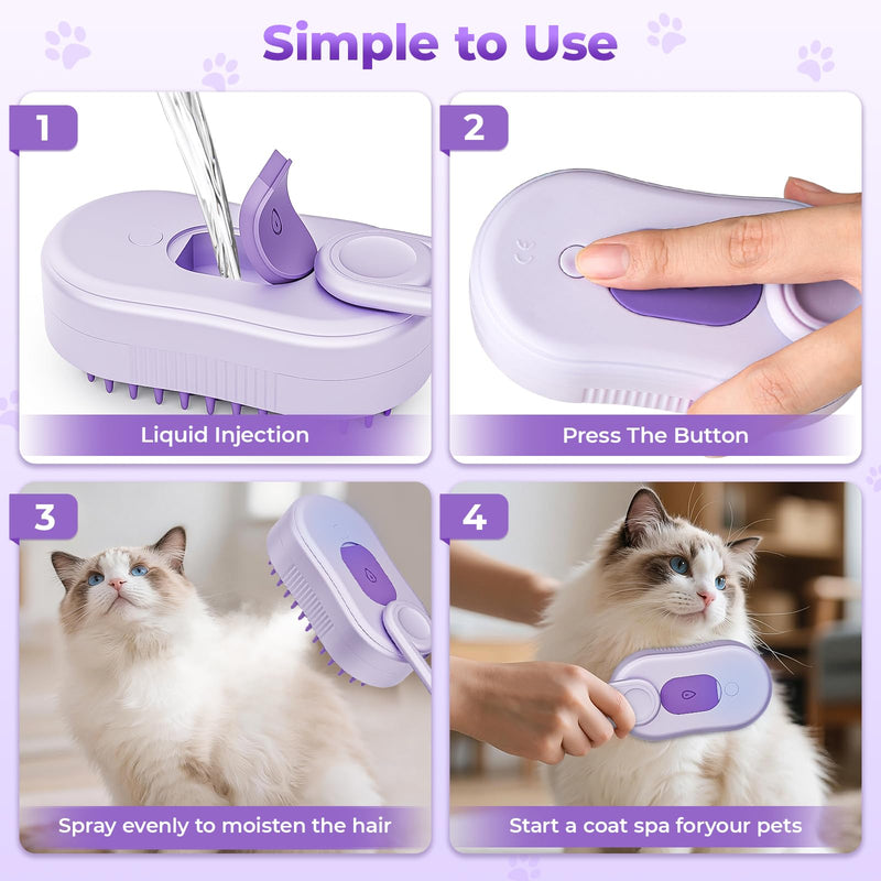 4-in-1 Cat Steam Brush for Shedding, Steam Pet Brush for Dog and Cat– Steam for Shedding & Grooming, Massage, Cleaning, Brushes for Indoor Cats & Dogs, Purple - PawsPlanet Australia