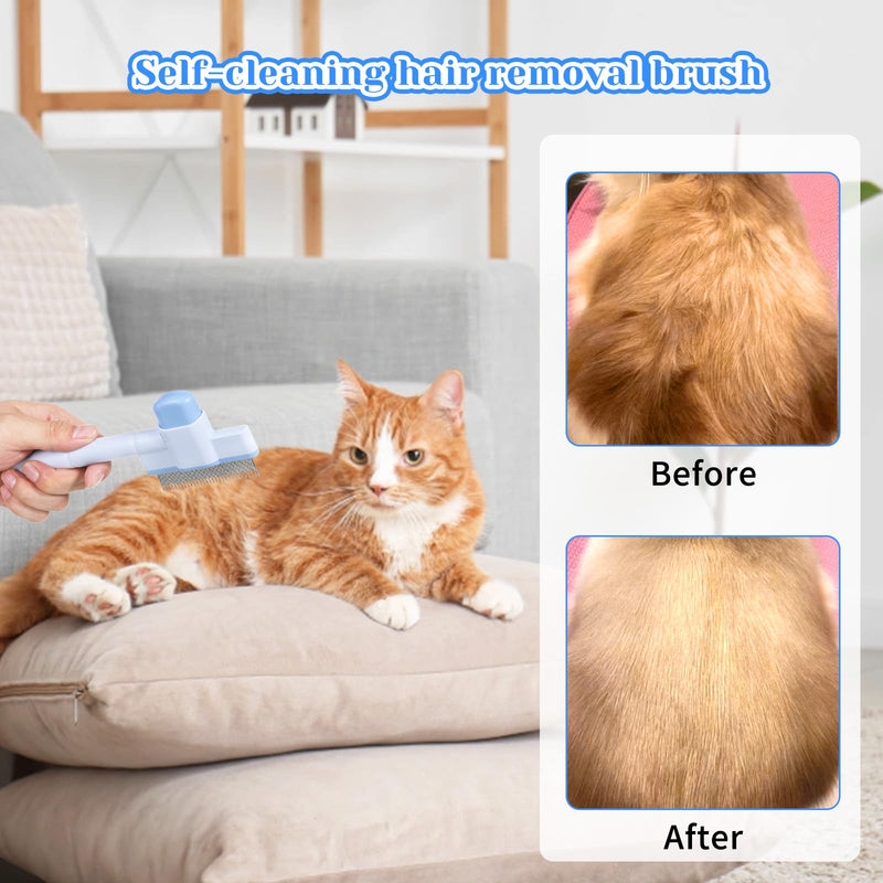Pet Comb for Cats & Dogs, Pet Hair Removal Tool Flea Comb Self-Cleaning Pets Combs with Long & Short Stainless Steel Metal Teeth for Shedding and Tangles with Release Button - PawsPlanet Australia