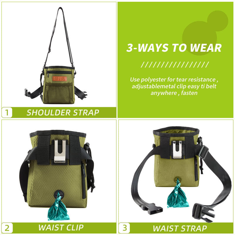 Dog Treat Training Pouch Easily Carries Pet Toys Kibble, Treats Built-in Poop Bag Dispenser 3 Ways to Wear Comes with a Foldable Silicone Bowl(Army Green) army green - PawsPlanet Australia