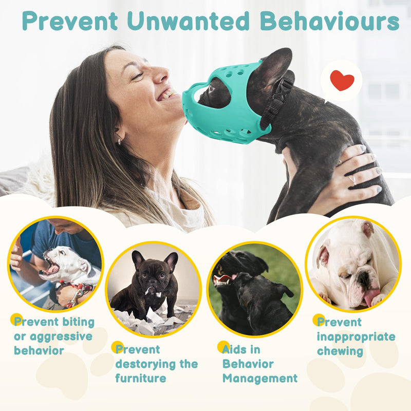 BARKLESS Muzzle for Short Snout Dog, Soft French Bulldog Muzzles to Prevent Biting, Brachycephalic Dog Mouth Guard for Aggressive Frenchie Boston Terriers Grooming Walking, Allows Panting Teal L - PawsPlanet Australia