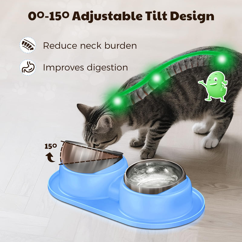 Cat Bowls 2 Stainless Steel Bowl for Pet Dog Water and Food Feeder with Non Spill Skid Resistant Silicone Mat,Tilted Bowls Elevated Anti Vomiting, Non-Slip Base, Ant Proof Food & Water.Blue Blue