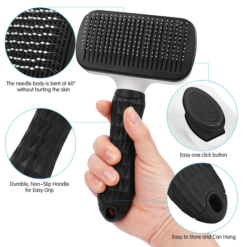 Dog & Cat Brush, Black Self Cleaning Slicker Brush for Pets, Upgraded Dog Brush for Shedding Massaging and Grooming, Removes Loose Undercoat & Portable Comb for Long Short Haired Dogs - PawsPlanet Australia