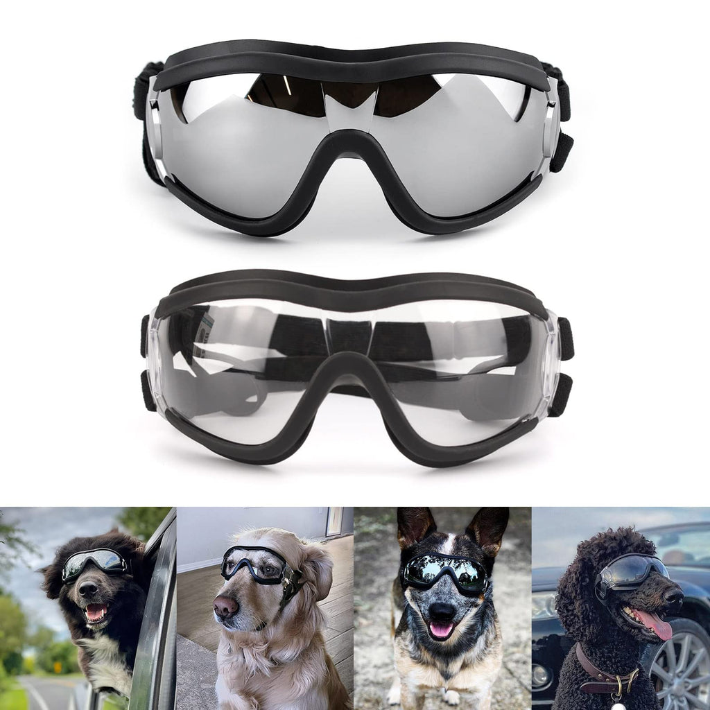 Dog Glasses for Large Dogs, 2PCS Black and Clear Lens Dog Sunglasses Medium Breed, UV Protection Adjustable Windproof Dog Goggles Driving Black+Clear