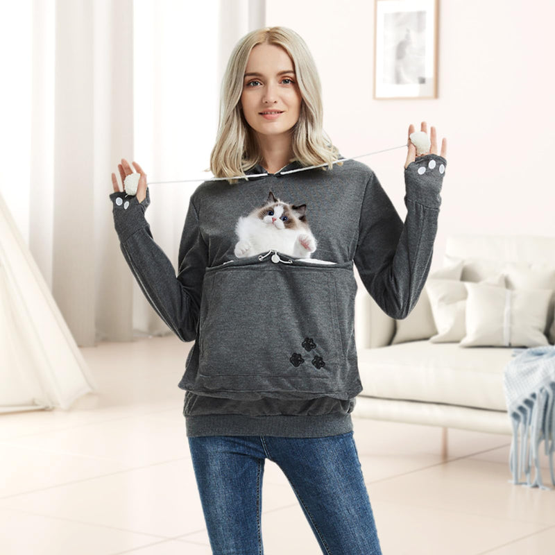 XUDREZ Unisex Big Pouch Hoodie Long Sleeve Pet Dog Holder Carrier Sweatshirt Hooded Pocket Kangaroo Hoodie 3X-Large Dark Grey - PawsPlanet Australia