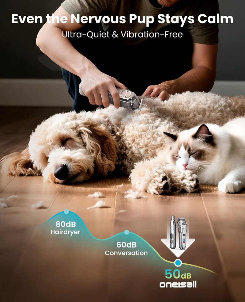 oneisall Dog Clippers for Grooming Thick/Heavy Coats, 4-in-1 Dog Grooming Kit Low Noise with Stainless Steel Blade, Cordless Dogs Paw Trimmer Pet Nail Grinder for Small & Large Dogs Cats Animals - PawsPlanet Australia