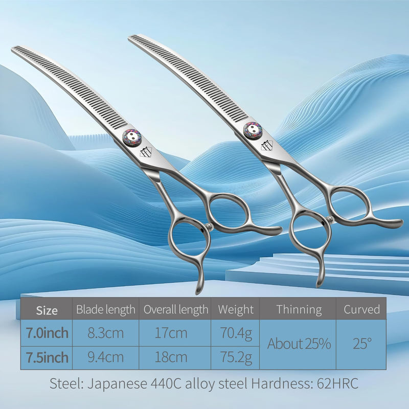 Professional Dog Grooming Scissors, 7 Inch JP440C Stainless Steel, 25% Thinning Curved Shears with Ergonomic Handle, Silver (Curved Thinner, 7.0") Curved Thinner 7.0" - PawsPlanet Australia