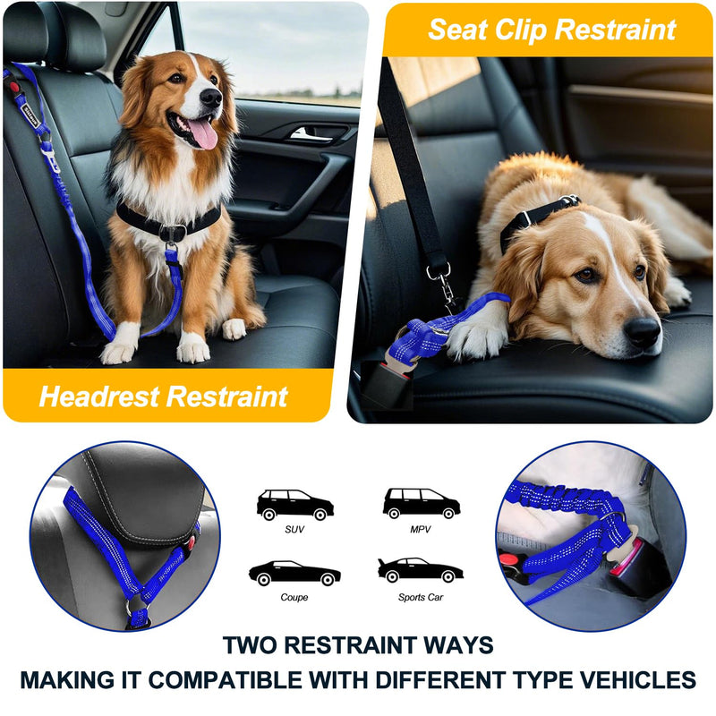 Dog Seat Belt for Car - 3 in 1 Adjustable Dog Car Leash & Harness for Small, Medium and Large Pets - Nylon, Duty Design for Safe Distraction Free Driving Blue - PawsPlanet Australia